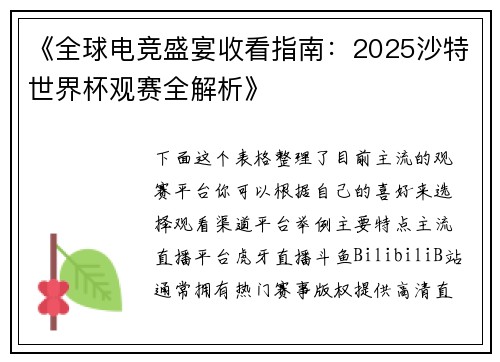 《全球电竞盛宴收看指南：2025沙特世界杯观赛全解析》